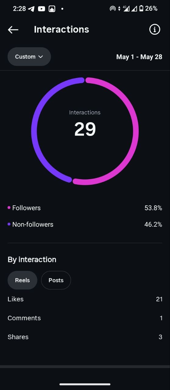 Instagram Interactions insights before growth, May 1-28: 29 interactions